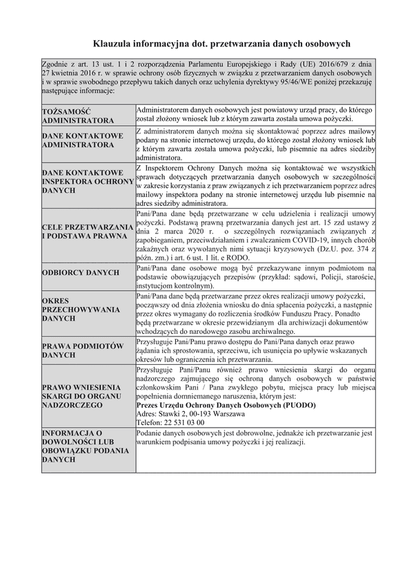 UP Kl (archiwalny) Klauzula RODO do wniosku o umorzenie pożyczki na pokrycie bieżących kosztów prowadzenia działalności gospodarczej mikroprzedsiębiorcy (Covid-19 koronawirus)