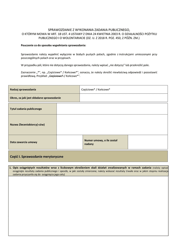 SWZP-P Sprawozdanie z wykonania zadania publicznego, o którym mowa w art. 18 ust. 4 ustawy z dnia 24 kwietnia 2003 r. o działalności pożytku publicznego i o wolontariacie (Dz.U. z 2018 r. poz. 450)