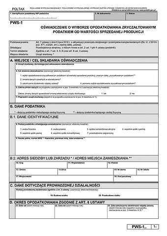 PWS-1 (2) Oświadczenie o wyborze opodatkowania zryczałtowanym podatkiem od wartości sprzedanej produkcji