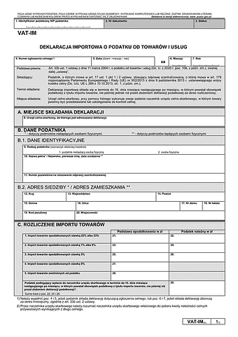 VAT-IM (6) Deklaracja importowa dla podatku od towarów i usług