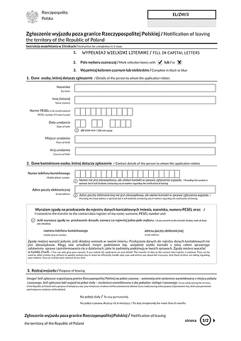 EL/ZW/3 Zgłoszenie wyjazdu poza granice Rzeczypospolitej Polskiej