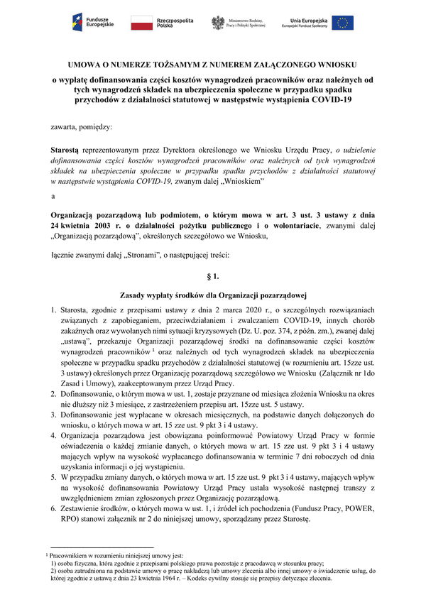 PSZ-DKWO Um (archiwalny) Umowa do wniosku o wypłatę dofinansowania części kosztów wynagrodzeń pracowników oraz należnych od tych wynagrodzeń składek na ubezpieczenia społeczne (Covid-19 koronawirus)