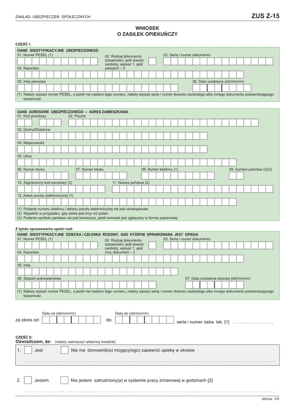 ZUS Z-15A (archiwalny) Wniosek o zasiłek opiekuńczy z powodu sprawowania opieki nad dzieckiem