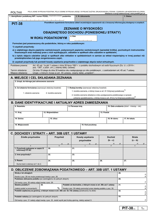 PIT-38 (14) (archiwalny) (2020) Zeznanie o wysokości osiągniętego dochodu (poniesionej straty)