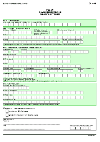 ZUS ZAS-31 Wniosek o zasiłek macierzyński za dodatkowy okres