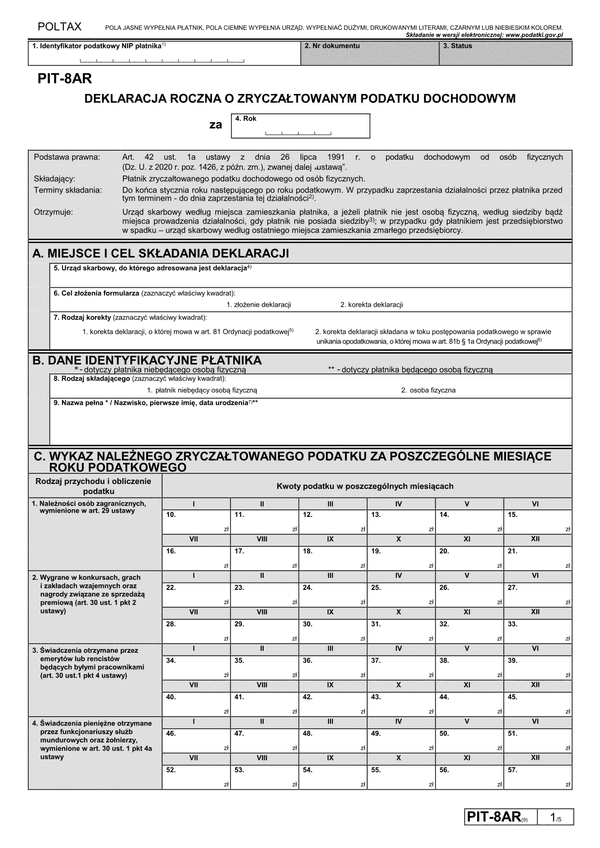 PIT-8AR (9) (archiwalny) (2020) Deklaracja roczna o zryczałtowanym podatku dochodowym