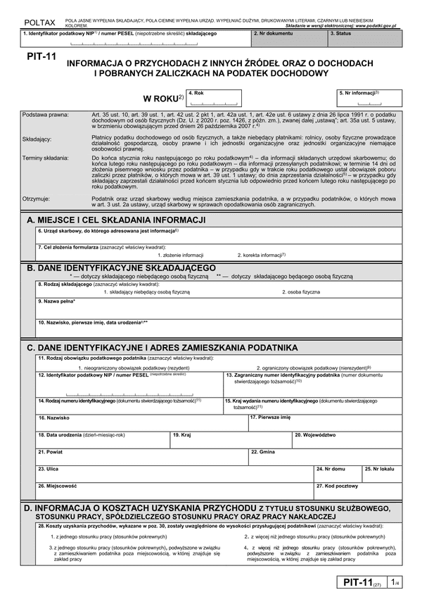 PIT-11 (27) (archiwalny) (2021) Informacja o dochodach, pobranych zaliczkach na podatek dochodowy, wypłaconym stypendium oraz przychodach z innych źródeł  (PIT-11 / PIT-11Z) 