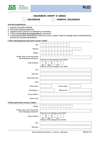 ZUS RUD Zgłoszenie umowy o dzieło - z wysyłką do PUE ZUS