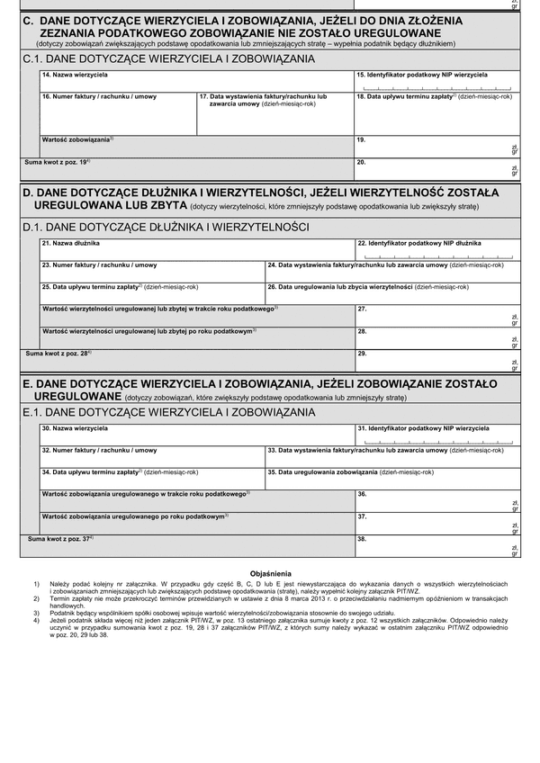 PIT/WZ (1) (archiwalny) (2020) Informacja o wierzytelnościach i zobowiązaniach zmniejszających lub zwiększających podstawę opodatkowania (stratę) wynikających z transakcji handlowych
