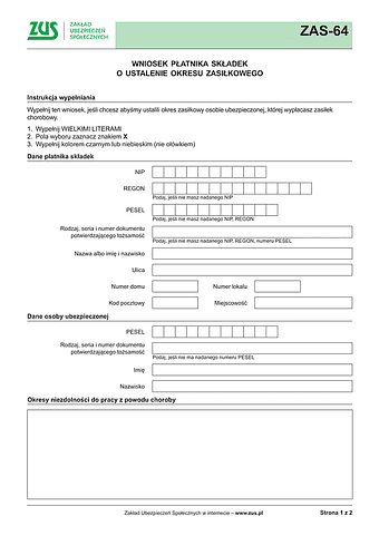 ZUS ZAS-64 Wniosek płatnika składek o ustalenie okresu zasiłkowego - z wysyłką do PUE ZUS