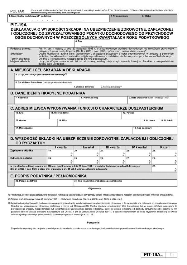 PIT-19A (10) (archiwalny) (2020) Deklaracja o wysokości składki na ubezpieczenie zdrowotne, zapłaconej i odliczonej od zryczałtowanego podatku dochodowego od przychodów osób duchownych w poszczególnych kwartałach roku podatkow