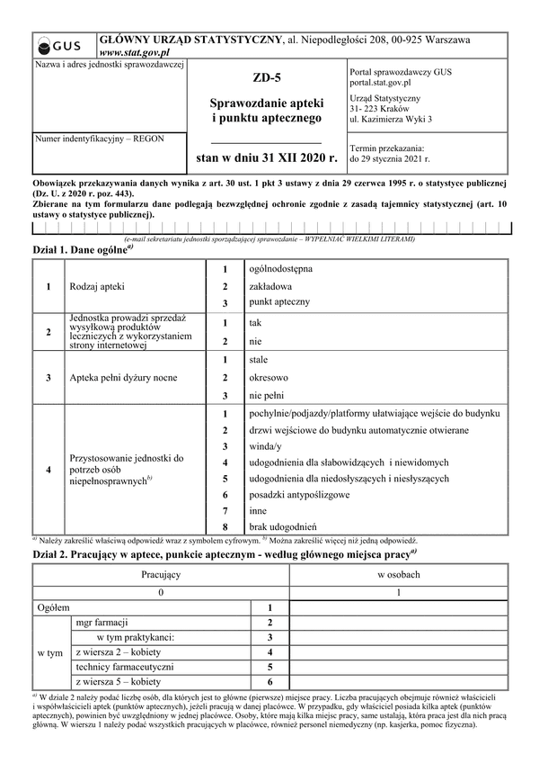 GUS ZD-5 (2020) (archiwalny) Sprawozdanie apteki i punktu aptecznego stan w dniu 31 XII 2020 r.