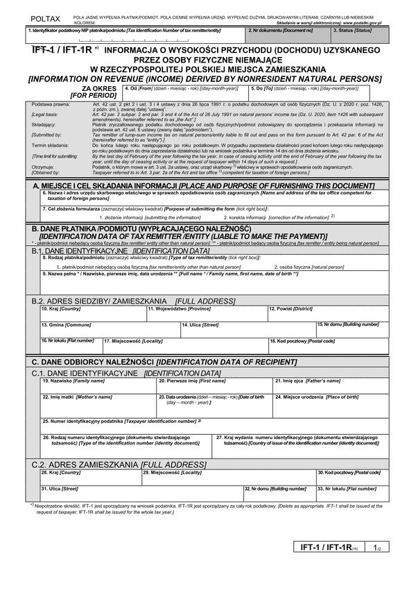 IFT-1R (16) (archiwalny) (2020-2024) Informacja o wysokości przychodu (dochodu) uzyskanego przez osoby fizyczne niemające w Polsce miejsca zamieszkania