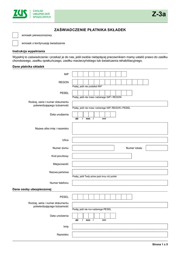 ZUS Z-3a (archiwalny) Zaświadczenie płatnika składek - z wysyłką do PUE ZUS