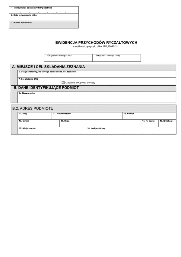 EW_JPK_EWP (2) (archiwalny) Ewidencja przychodów ryczałtowych z możliwością wysyłki JPK_EWP (2)