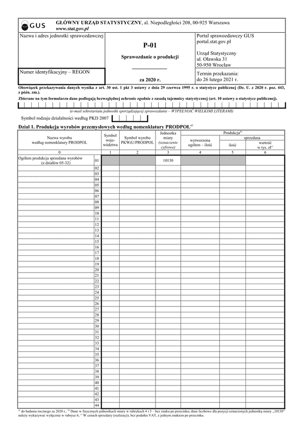 GUS P-01 (2020) (archiwalny) Sprawozdanie o produkcji za 2020 rok