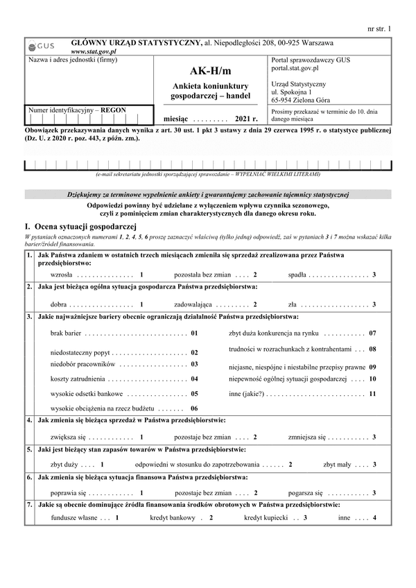 GUS AK-H/m (archiwalny) (2021) Ankieta koniunktury gospodarczej - handel