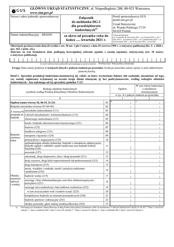 GUS DG-1 ZAŁ (2021) (archiwalny) Załącznik do meldunku DG-1 dla przedsiębiorstw budowlanych