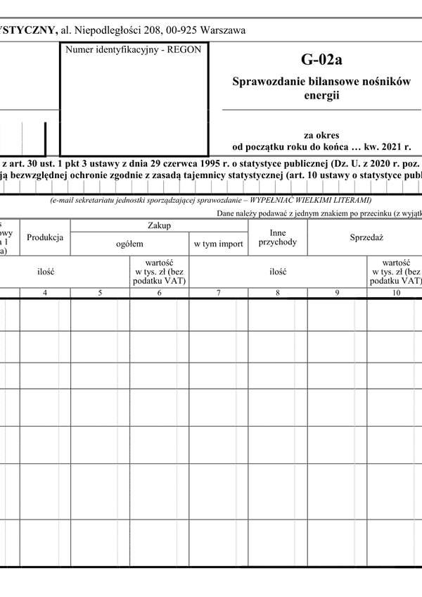 GUS G-02a (archiwalny) (2021) Sprawozdanie bilansowe nośników energii