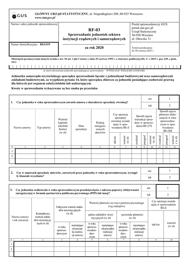 GUS RF-03 (2020) (archiwalny) Sprawozdanie jednostek sektora instytucji rządowych i samorządowych