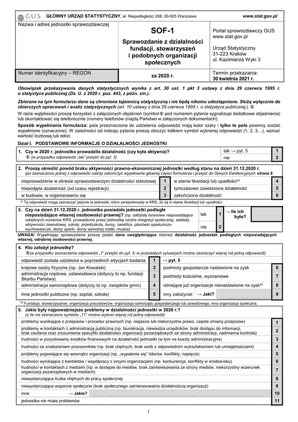 GUS SOF-1 (2020) Sprawozdanie z działalności fundacji, stowarzyszeń i podobnych organizacji społecznych za rok 2020