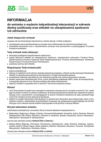 ZUS USI Inf Informacja do wniosku o wydanie indywidualnej interpretacji w zakresie daniny publicznej oraz składek na ubezpieczenia społeczne lub zdrowotne