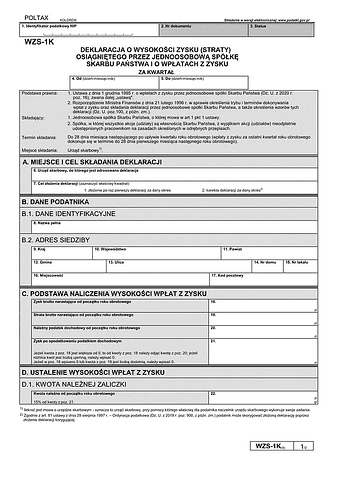 WZS-1K (4) Deklaracja o wysokości zysku (straty) osiągniętego przez jednoosobową spółkę skarbu państwa i o wpłatach z zysku za kwartał