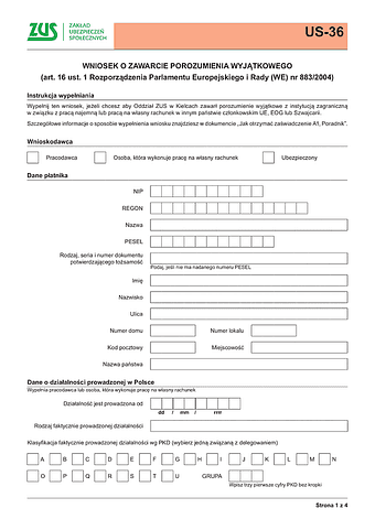 ZUS US-36 Wniosek o zawarcie porozumienia wyjątkowego na podstawie: art. 16.1 Rozporządzenia Parlamentu Europejskiego i Rady (WE) Nr 883/2004 - z wysyłką do PUE ZUS