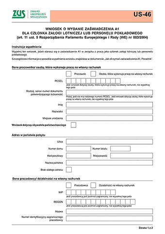 ZUS US-46 Wniosek o wydanie zaświadczenie A1 dla członka załogi lotniczej lub personelu pokładowego - z wysyłką do PUE ZUS