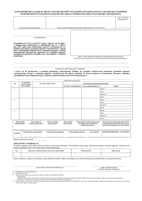 ZoZPIF (archiwalny) Zawiadomienie o zajęciu praw z instrumentów finansowych zapisanych na rachunku papierów wartościowych lub innym rachunku oraz z wierzytelności z rachunku pieniężnego