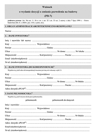 PB-7 Wniosek o wydanie decyzji o zmianie pozwolenia na budowę