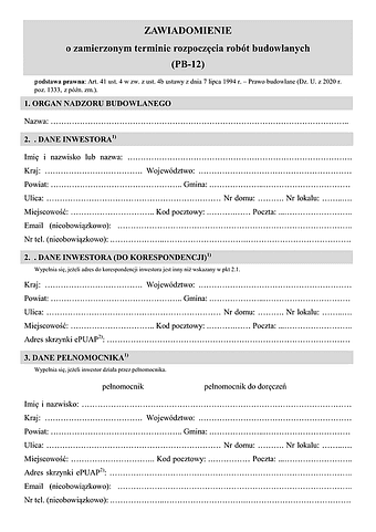 PB-12 Zawiadomienie o zamierzonym terminie rozpoczęcia robót budowlanych