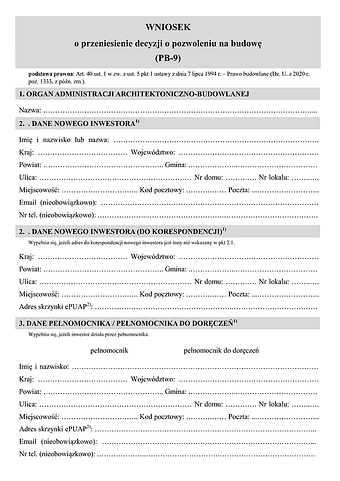 PB-9 Wniosek o przeniesienie decyzji o pozwoleniu na budowę