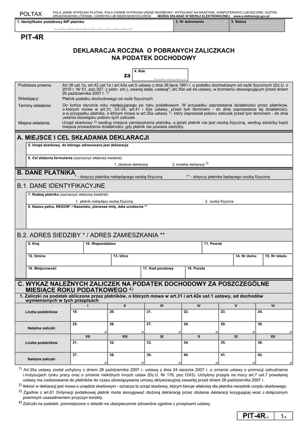 PIT-4R (3) (2009 - 2012) (archiwalny) Deklaracja roczna o pobranych zaliczkach na podatek dochodowy