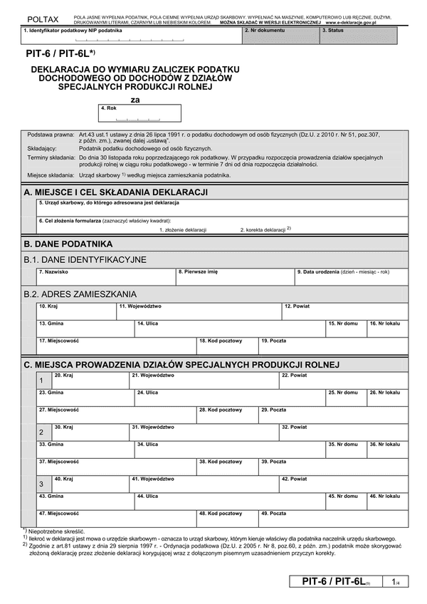 PIT-6 / PIT-6L (9) (2012) (archiwalny) Deklaracja do wymiaru zaliczek podatku dochodowego od dochodów z działów specjalnych produkcji rolnej