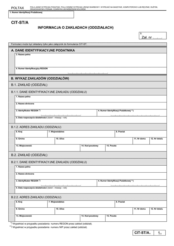 CIT-ST/A (5) (archiwalny)  Informacja o zakładach (oddziałach)