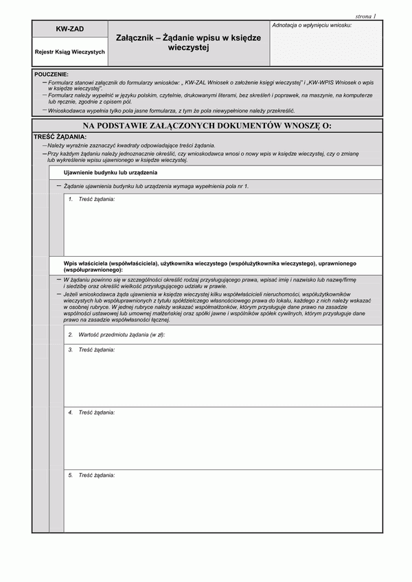 KW-ZAD  (archiwalny) Załącznik – Żądanie wpisu w księdze wieczystej