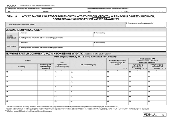 VZM-1/A (4) (od 2014) Wykaz faktur i wartości poniesionych wydatków odliczonych w ramach ulg mieszkaniowych, opodatkowanych podatkiem VAT wg stawki 22%