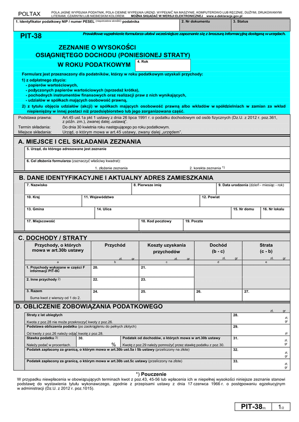 PIT-38 (8) (2012) (archiwalny) Zeznanie o wysokości osiągniętego dochodu (poniesionej straty)