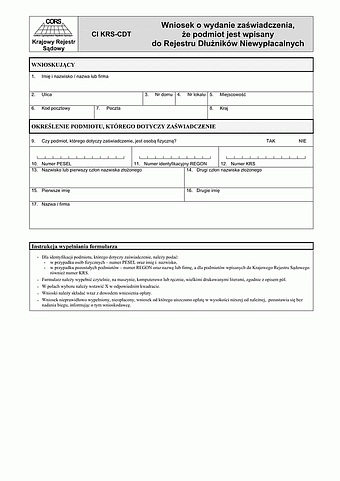 CI KRS-CDT Wniosek o wydanie zaświadczenia, że podmiot jest wpisany do Rejestru Dłużników Niewypłacalnych