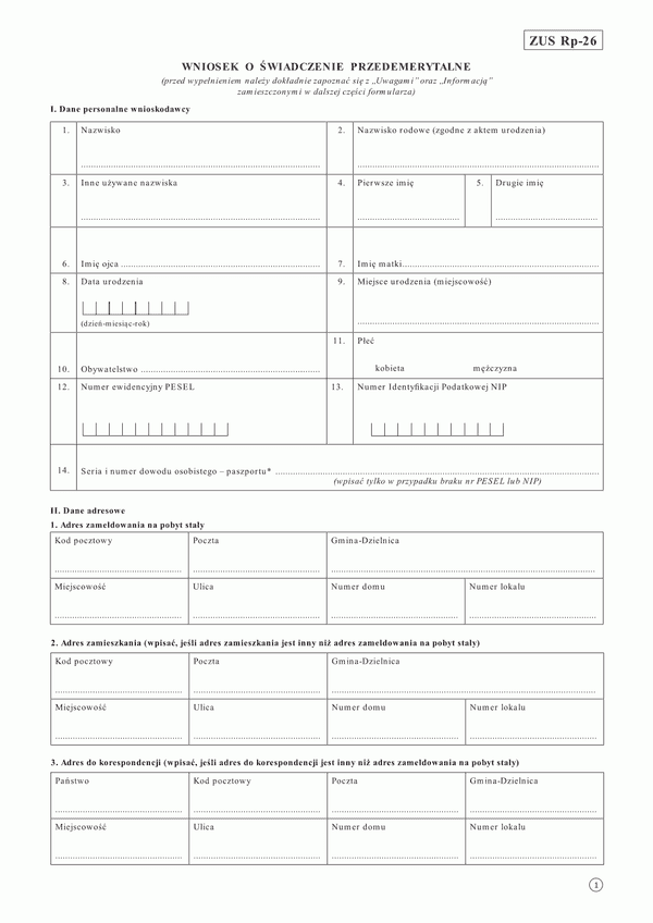 ZUS RP-26 (archiwalny) Wniosek o świadczenie przedemerytalne