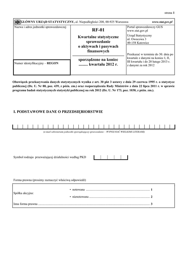 GUS RF-01 (2012) (archiwalny) Kwartalne statystyczne sprawozdanie o aktywach i pasywach finansowych sporządzone na koniec kwartału