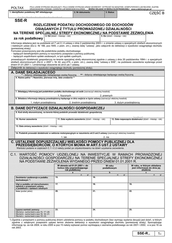 SSE-R (4) (archiwalny) Rozliczenie podatku dochodowego od dochodów osiąganych z tytułu prowadzonej działalności na terenie specjalnej strefy ekonomicznej na podstawie zezwolenia