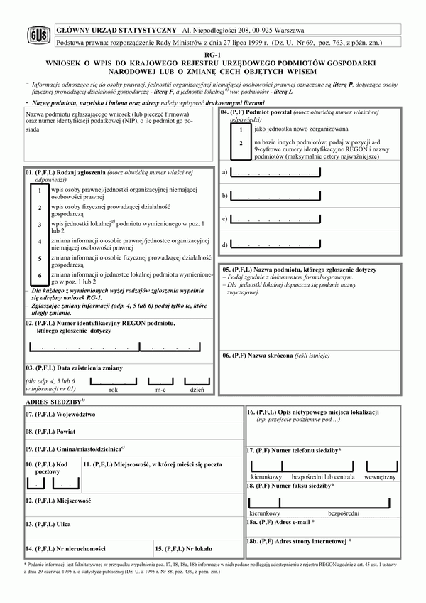 GUS RG-1 (archiwalny) Wniosek o wpis do krajowego rejestru urzędowego podmiotów gospodarki narodowej lub o zmianę cech objętych wpisem
