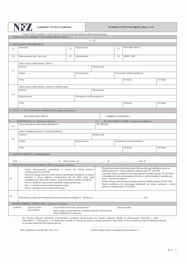 NFZ WNE-123 Wniosek o wydanie formularza E-123