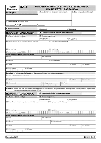 RZ-1 Wniosek o wpis zastawu rejestrowego do rejestru zastawów