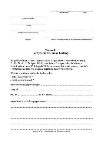 WoWDB Wniosek o wydanie dziennika budowy 