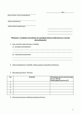 WoUDK Wniosek o wydanie zezwolenia na usunięcie drzewa lub krzewu z terenu nieruchomości (wnioskodawca - firma)