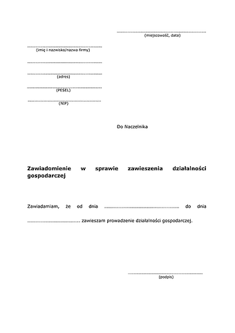 ZZDG Zawiadomienie w sprawie zawieszenia działalności gospodarczej