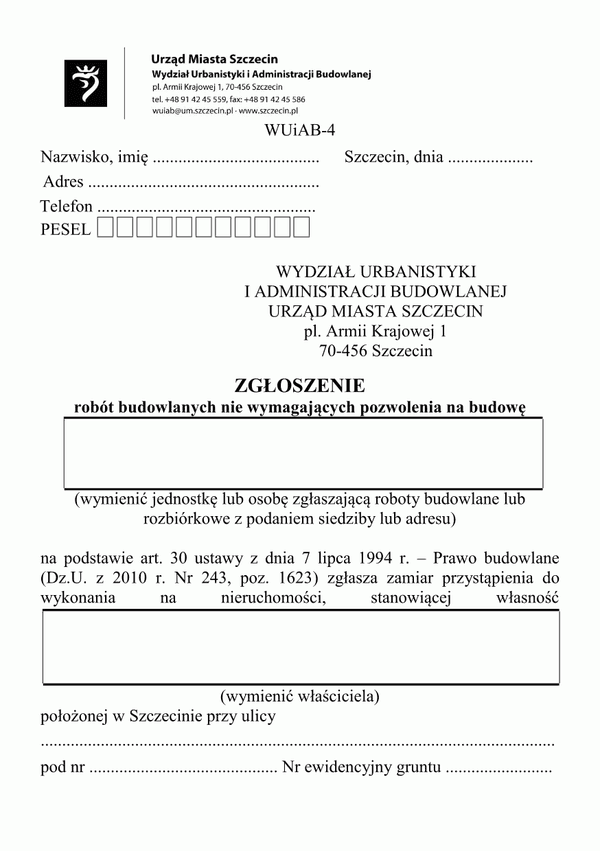 ZRB-Sz (archiwalny) Zgłoszenie robót budowlanych nie wymagających pozwolenia na budowę Szczecin